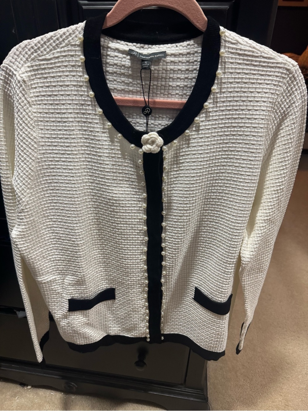 Adrianna Papell Ivory Knit Crewneck Cardigan with Black Trim